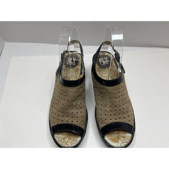 Fly London Yile Black Tan Suede Perforated‎ Leather Wedge Heel Sandals Size 37 - Picture 3 of 8